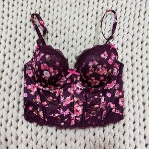 NWT Victoria’s Secret Dream Angels Burgundy Floral Lace Up Corset Bra Top Sz 32C